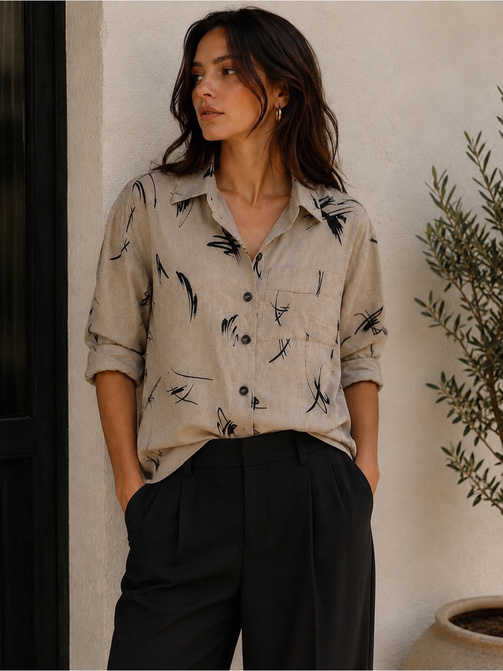 NEW YORK & COMPANY Abstract Print Oversized Button Down Blouse Small